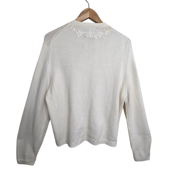 Vtg Lands' End Ivory Knit Cardigan Sweater Embroidered Floral Button Front SZ L - Picture 7 of 11